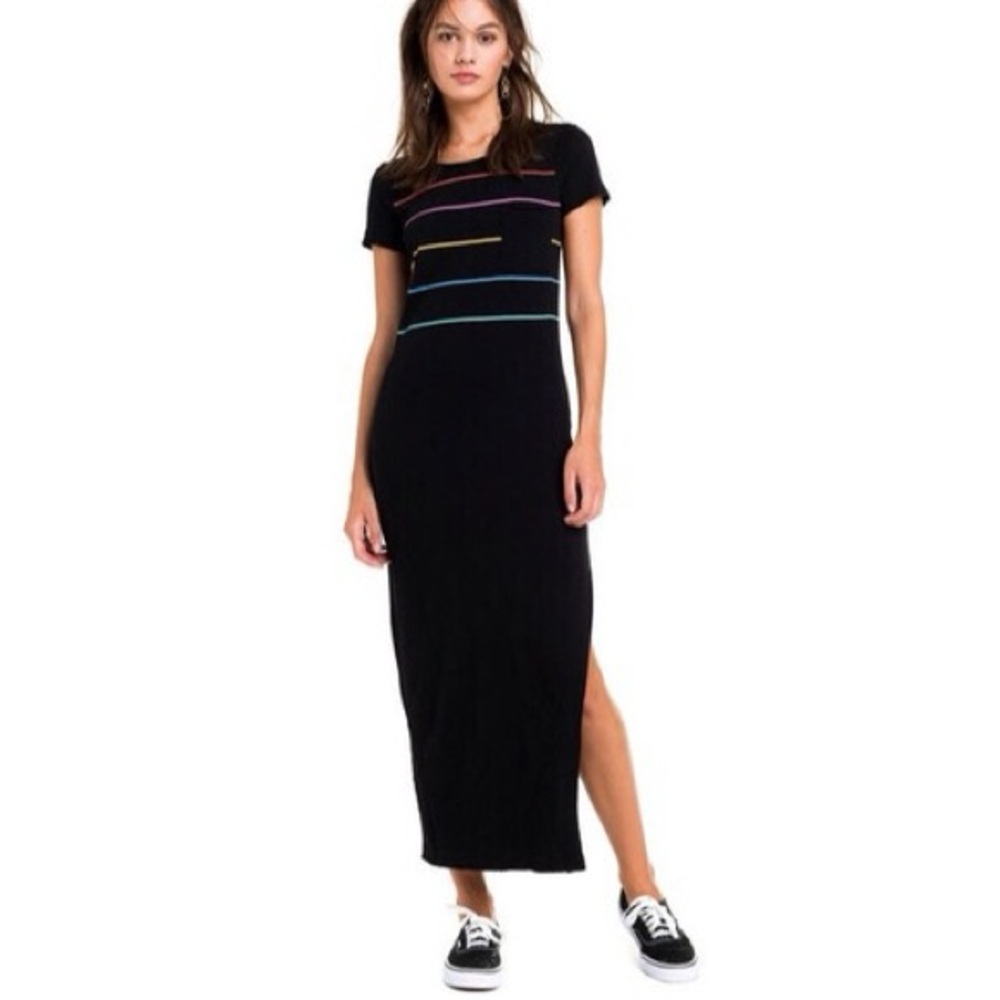 WILDFOX Black Midi Dress w Side Slit Striped Chest & Chest Pocket